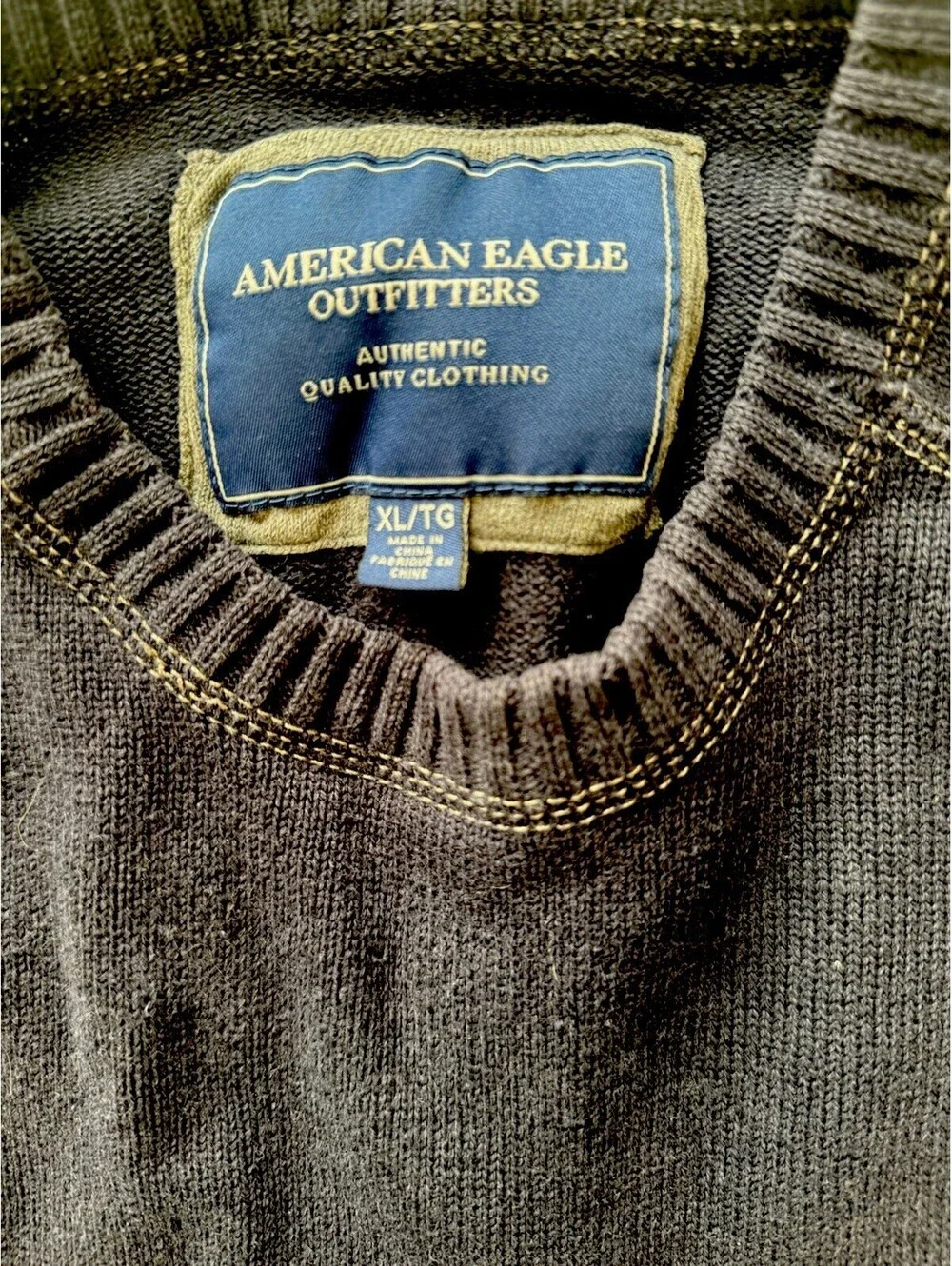 American Eagle Mens XL Navy Knit Crewneck Sweater Pullover Logo Raglan Casual